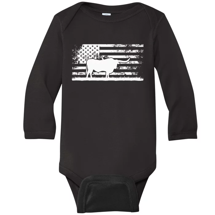 American Flag USA Texas Longhorn Cow For Cattle Farmer Baby Long Sleeve Bodysuit