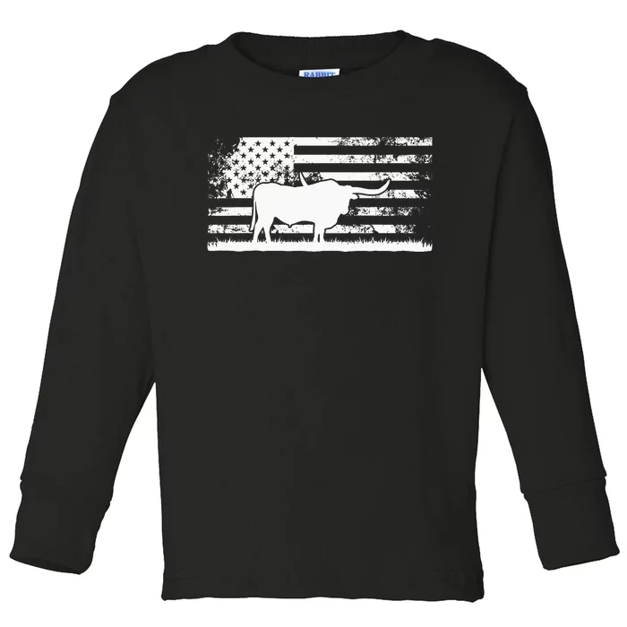 American Flag USA Texas Longhorn Cow For Cattle Farmer Toddler Long Sleeve Shirt