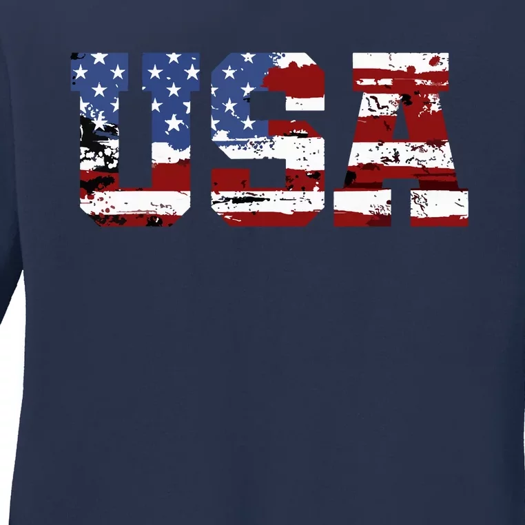 American Flag Usa United States Of America Us 4th Of July Ladies Long Sleeve Shirt