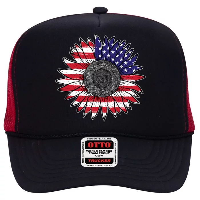 American Flag Vintage Sunflower 4th Of July Mom Mama Gift High Crown Mesh Trucker Hat