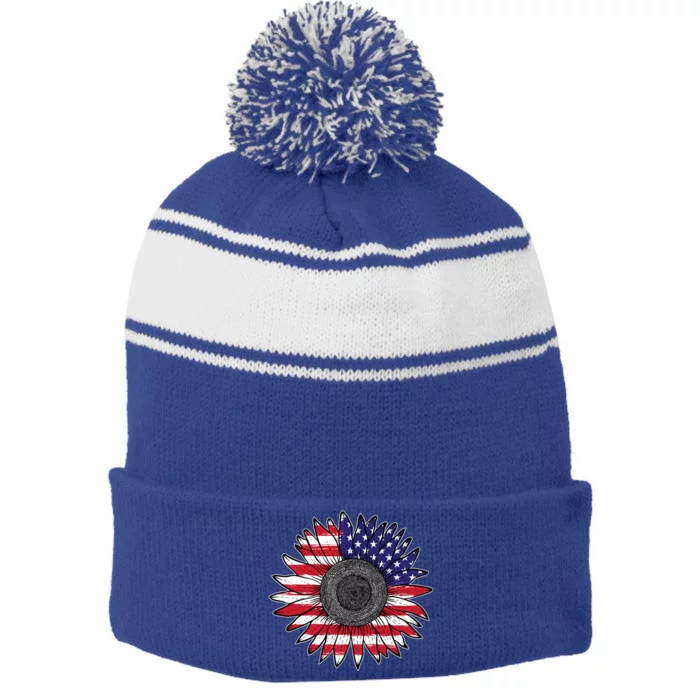 American Flag Vintage Sunflower 4th Of July Mom Mama Gift Stripe Pom Pom Beanie