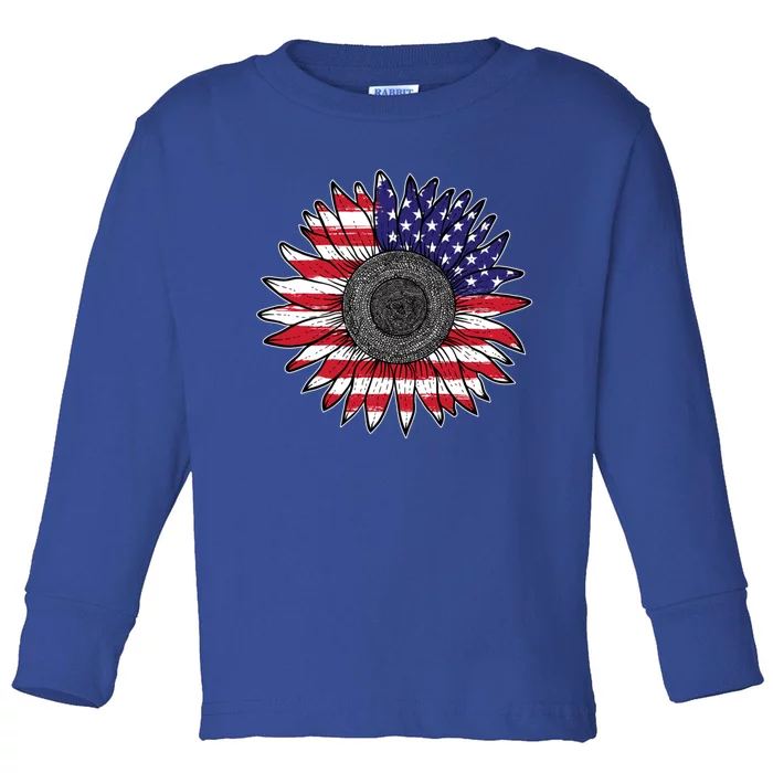 American Flag Vintage Sunflower 4th Of July Mom Mama Gift Toddler Long Sleeve Shirt