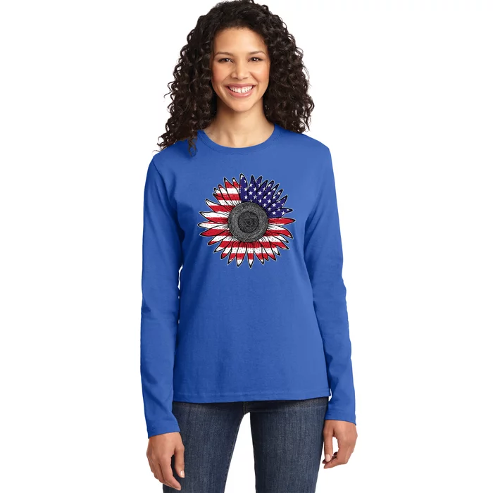 American Flag Vintage Sunflower 4th Of July Mom Mama Gift Ladies Long Sleeve Shirt