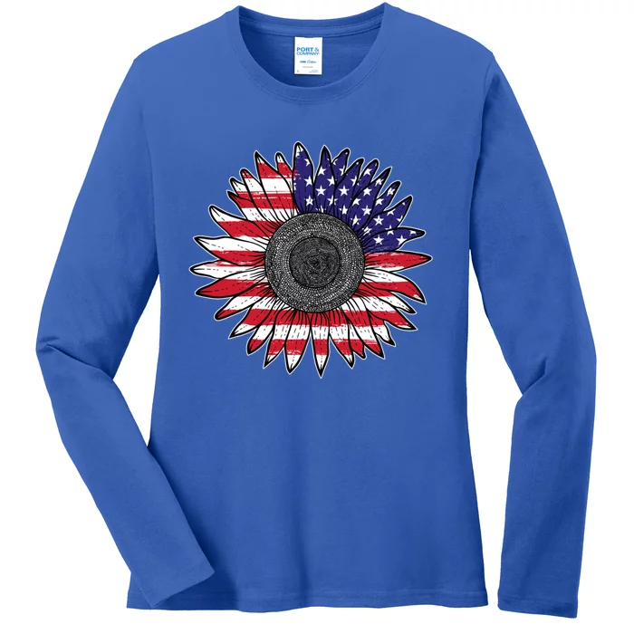 American Flag Vintage Sunflower 4th Of July Mom Mama Gift Ladies Long Sleeve Shirt