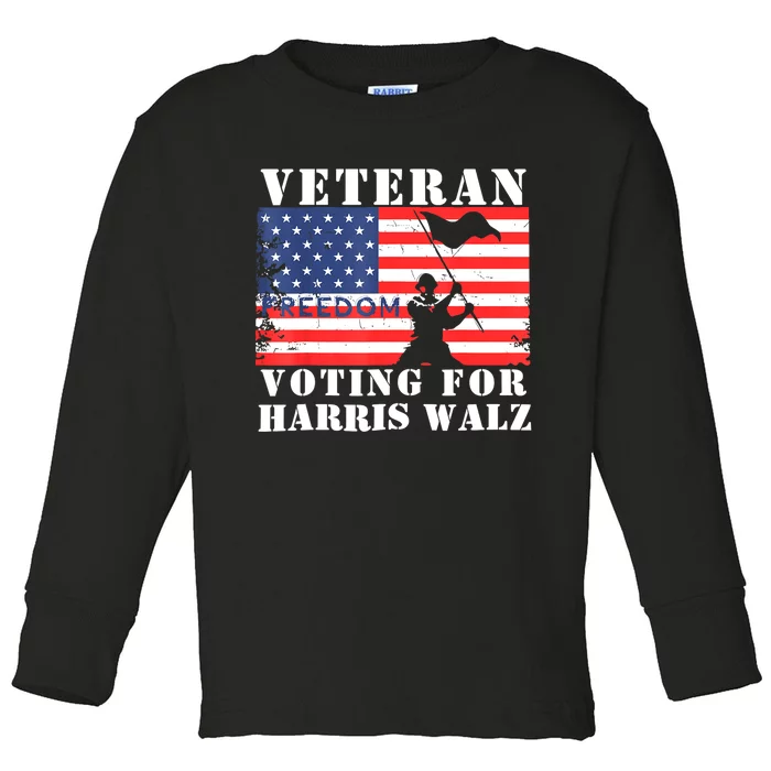 American Flag Voting For Harris Walz Waltz Veteran Freedom Gift Toddler Long Sleeve Shirt