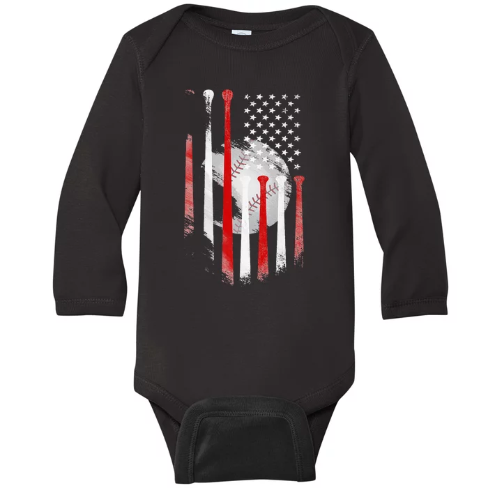 American Flag Vintage Baseball Flag  Dad Mom Tee Baby Long Sleeve Bodysuit