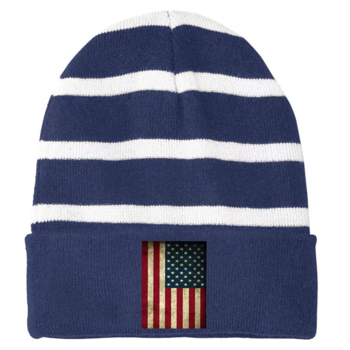 American Flag Vintage Distress Striped Beanie with Solid Band