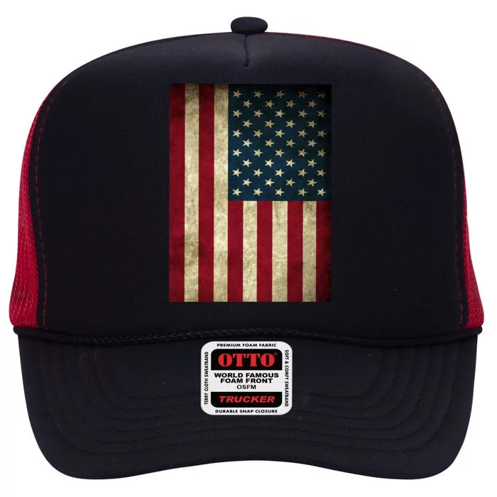 American Flag Vintage Distress High Crown Mesh Trucker Hat