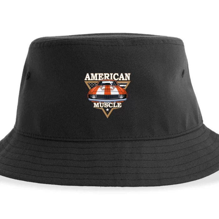 American Flag Vintage Muscle Car Hot Rod And Muscle Car Sustainable Bucket Hat