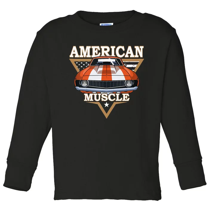 American Flag Vintage Muscle Car Hot Rod And Muscle Car Toddler Long Sleeve Shirt