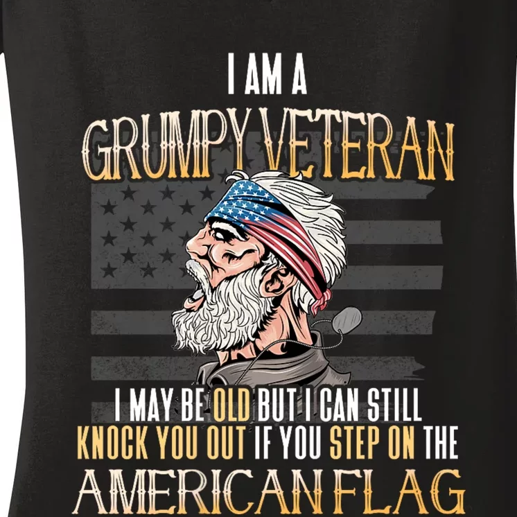 American Flag Veterans Day Patriotic Grumpy Veteran Grandpa Women's V-Neck T-Shirt