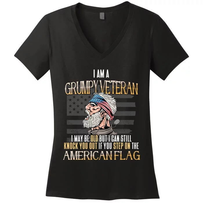 American Flag Veterans Day Patriotic Grumpy Veteran Grandpa Women's V-Neck T-Shirt