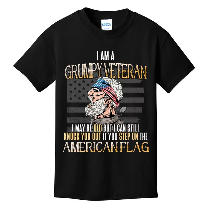 American Flag Veterans Day Patriotic Grumpy Veteran Grandpa Kids T-Shirt