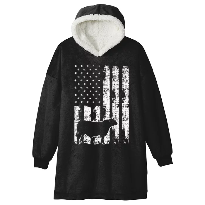 American Flag Vintage USA Cow Black Angus Rancher Hooded Wearable Blanket