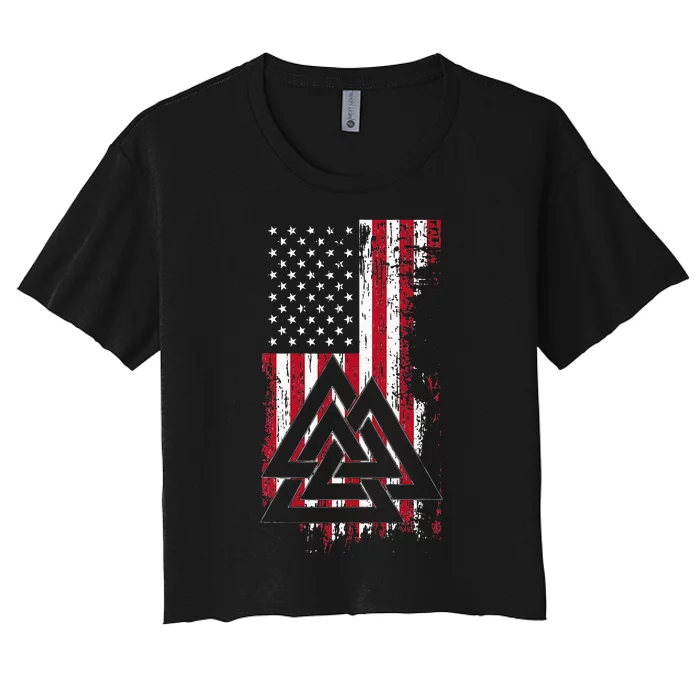 American Flag Viking Valknut Nordic Rune Celtic American Women's Crop Top Tee