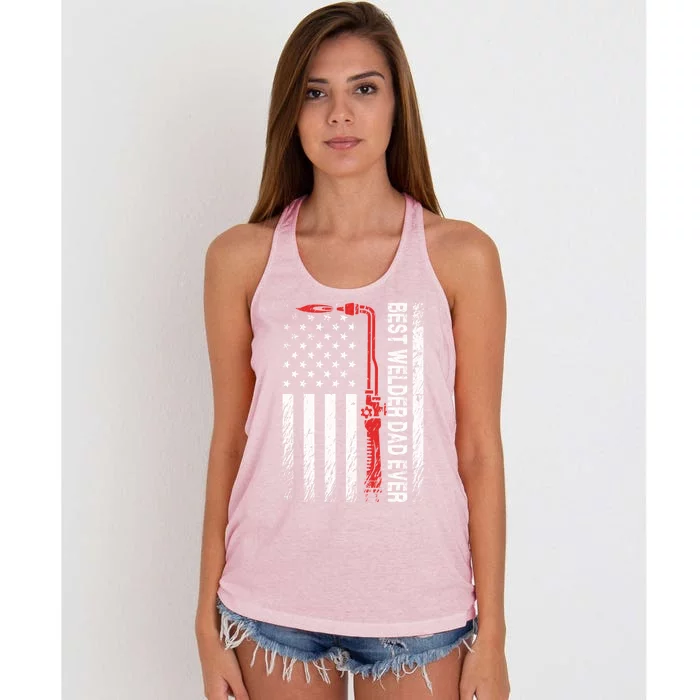 American Flag Welding Papa Fathers Day Best Welder Dad Ever Great Gift Women's Knotted Racerback Tank