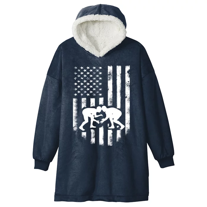 American Flag Wrestling Gift Distressed Wrestle Gift Hooded Wearable Blanket