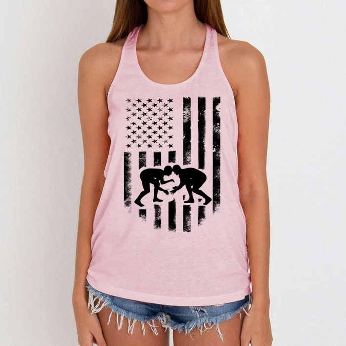 American Flag Wrestling Gift Distressed Wrestle Gift Women's Knotted Racerback Tank