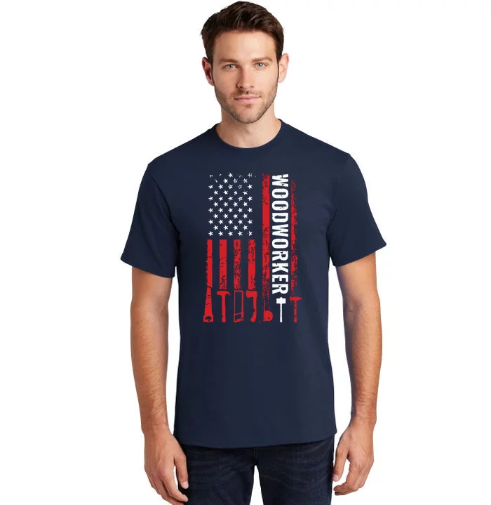 American Flag Woodworker Carpenter Funny Woodworking Tall T-Shirt