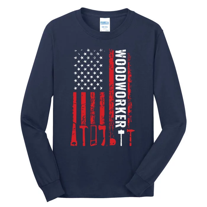 American Flag Woodworker Carpenter Funny Woodworking Tall Long Sleeve T-Shirt