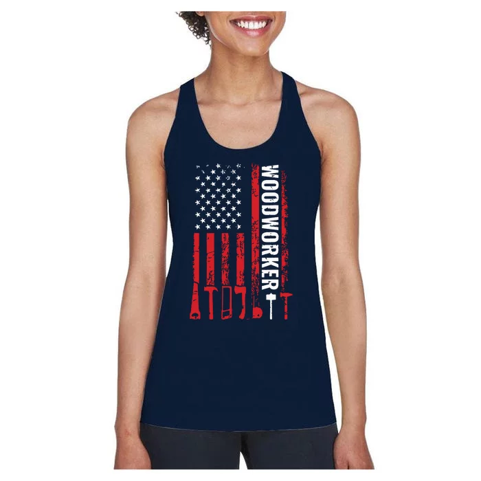 American Flag Woodworker Carpenter Funny Woodworking Women's Racerback Tank