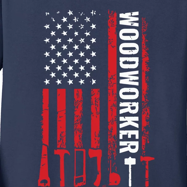 American Flag Woodworker Carpenter Funny Woodworking Kids Long Sleeve Shirt