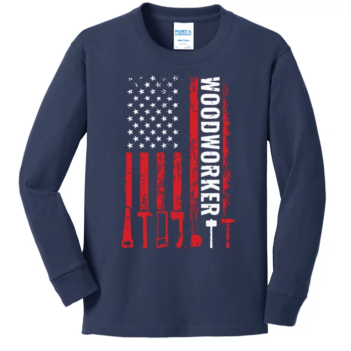 American Flag Woodworker Carpenter Funny Woodworking Kids Long Sleeve Shirt