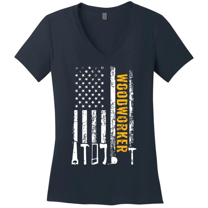 American Flag Woodworker Carpenter Funny Woodworking Women's V-Neck T-Shirt