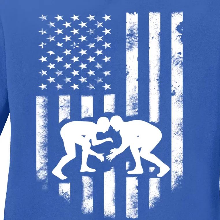 American Flag Wrestling Meaningful Gift Distressed Wrestle Gift Tee Ladies Long Sleeve Shirt