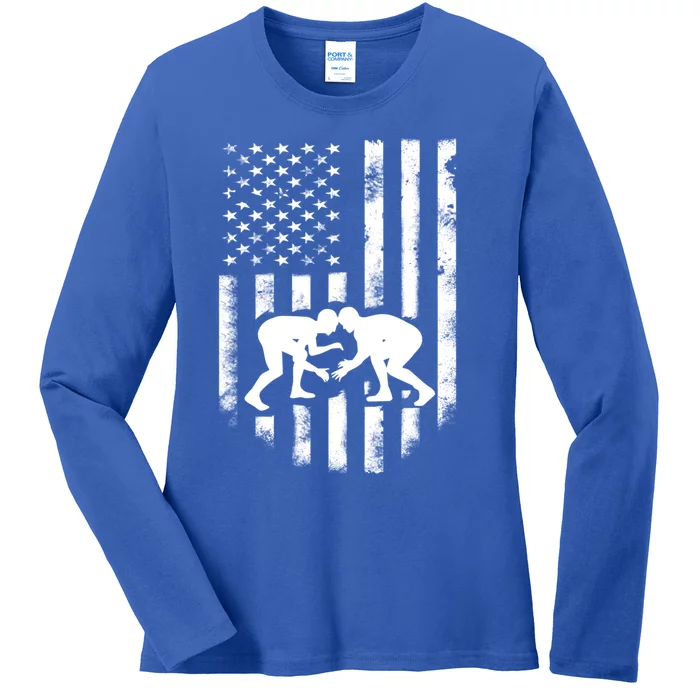 American Flag Wrestling Meaningful Gift Distressed Wrestle Gift Tee Ladies Long Sleeve Shirt