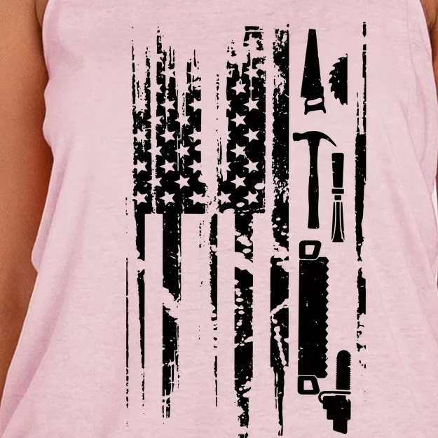 American Flag Woodworking Gift Carpenter Wood Working Women's Knotted Racerback Tank