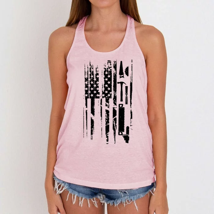 American Flag Woodworking Gift Carpenter Wood Working Women's Knotted Racerback Tank