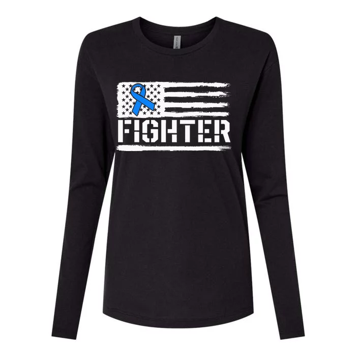 ALS Fighter Warrior Blue American Flag Awareness Ribbon Womens Cotton Relaxed Long Sleeve T-Shirt