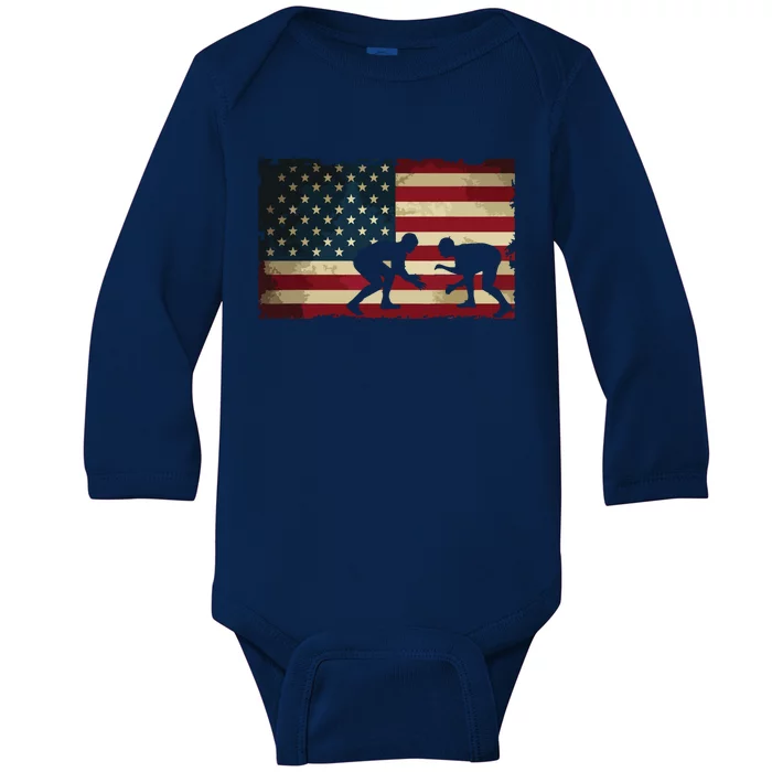 American Flag Wrestling Cool USA Wrestle Gift Tee For Fans Baby Long Sleeve Bodysuit