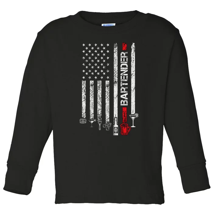 American Flag With Bartender Cool Gift For Women Men Father Toddler Long Sleeve Shirt