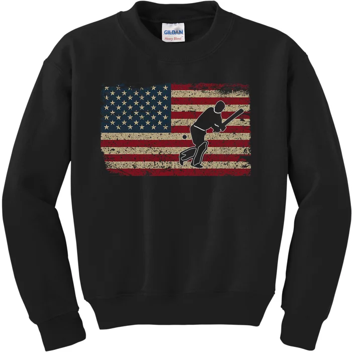 American Flag With Cricket Bat And Balls Funny Gift Kids Sweatshirt