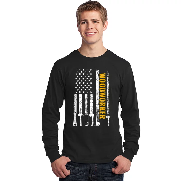 American Flag Woodworker Carpenter Funny Woodworking Long Sleeve Shirt