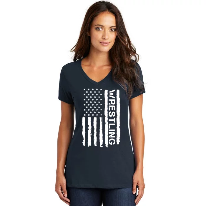 American Flag Wrestling Lovers Sport Fans Women's V-Neck T-Shirt