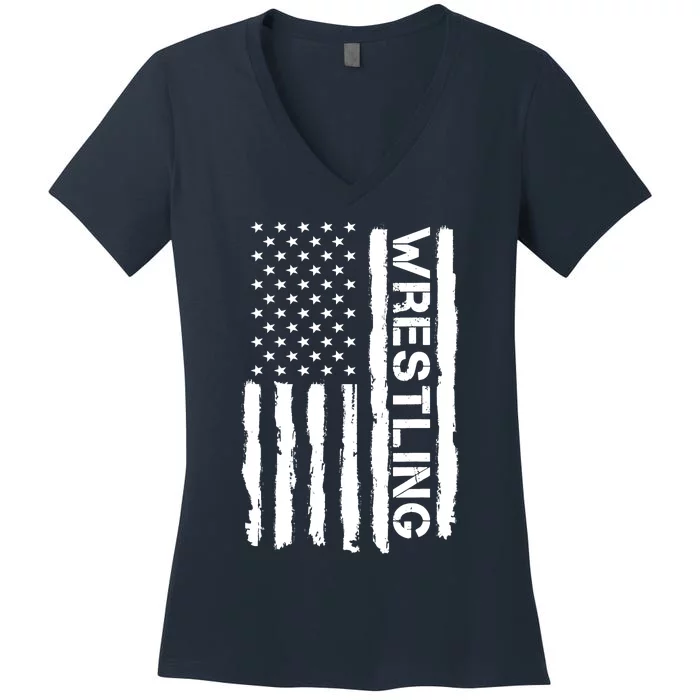 American Flag Wrestling Lovers Sport Fans Women's V-Neck T-Shirt