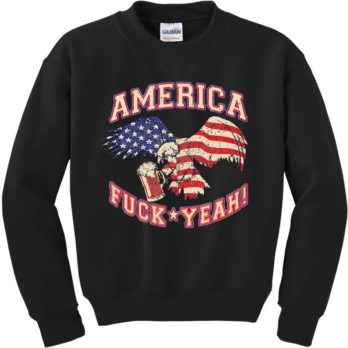 America Fuck Yeah Bald Eagle Beer 4th of July Vintage Kids Sweatshirt