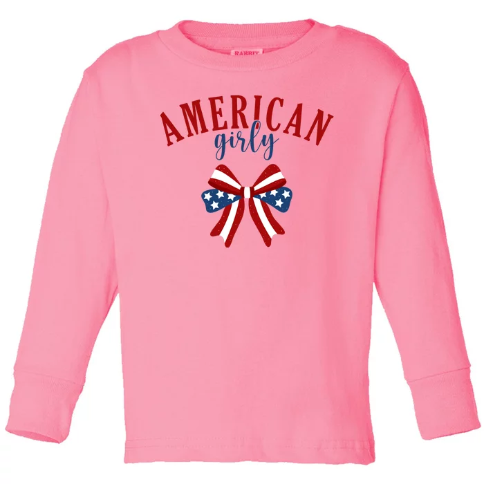 American Girly 4th Of July Usa Bow Toddler Long Sleeve Shirt