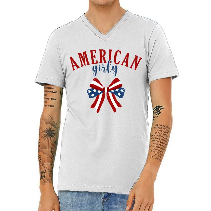 American Girly 4th Of July Usa Bow V-Neck T-Shirt