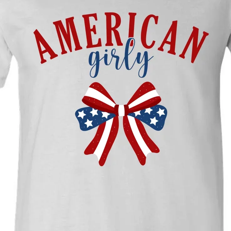 American Girly 4th Of July Usa Bow V-Neck T-Shirt