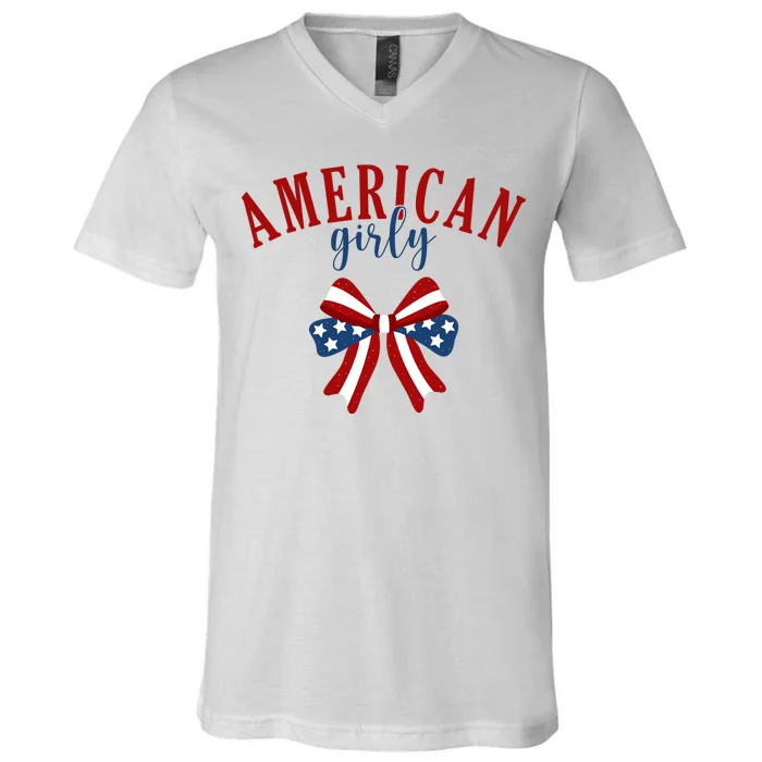 American Girly 4th Of July Usa Bow V-Neck T-Shirt