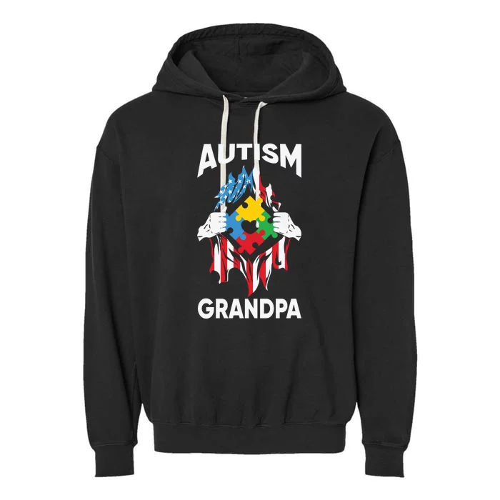 Autism Grandpa American Flag Autism Awareness Puzzle Garment-Dyed Fleece Hoodie