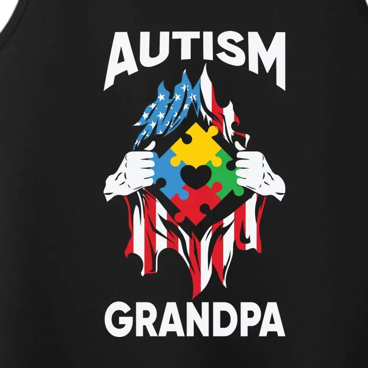 Autism Grandpa American Flag Autism Awareness Puzzle Performance Tank