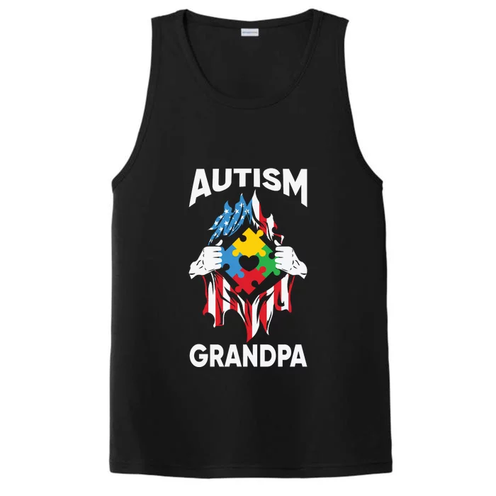 Autism Grandpa American Flag Autism Awareness Puzzle Performance Tank