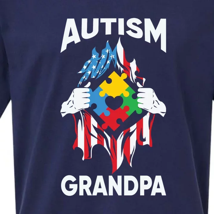 Autism Grandpa American Flag Autism Awareness Puzzle Sueded Cloud Jersey T-Shirt