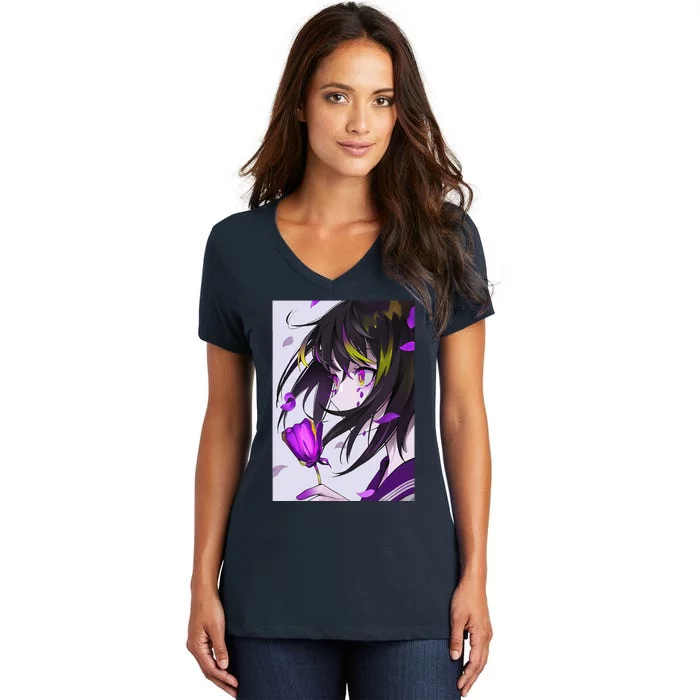 Anime Girl Aesthetic Floral Japanese Kawaii Waifu Women's V-Neck T-Shirt