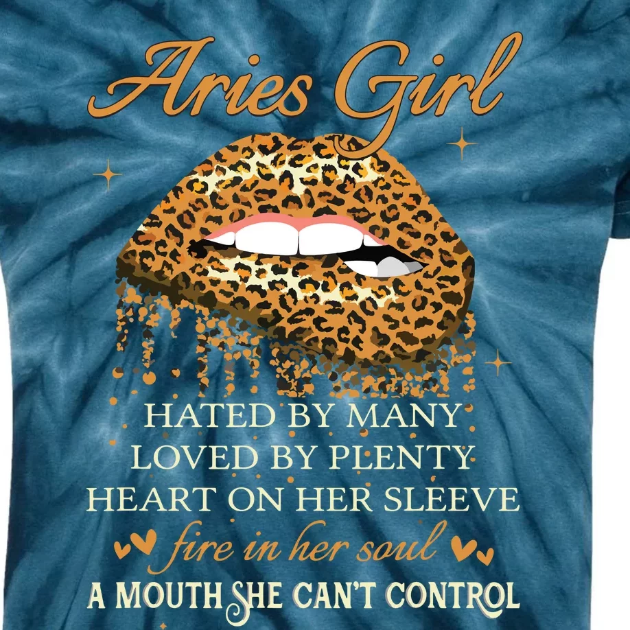 Aries Girl Birthday Gifts Funny Leopard Sexy Lip Kids Tie-Dye T-Shirt